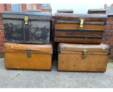 Four 19thC tin trunks, domed top trunk 69 w x 47 h x 41cm d.Condition ReportVarious conditions, lacking paint and dents.