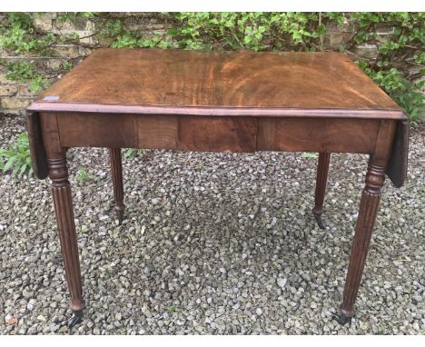 A 19thC mahogany sofa table. 125 x 61cm with leaves open.Some veneer loss.