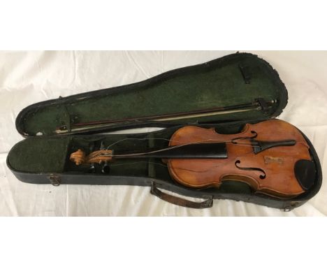 A Stradivarius copy violin with bow and case, label to interior, 56 cm l.Condition ReportLoose bridge and strings, wear to ne