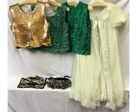 A selection of 1960's vintage clothing to include a light green dressing gown and matching slip by Sylphide, 3 x sequined top