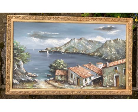 C Munar oil on canvas of seascape with mountains. Signed lower right 56.5 x 97.5cm.Condition ReportGood condition. Frame a/f.