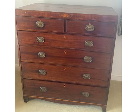 A 19thC chest of drawers, two short over 4 long drawers. 101 w x 52 d x 117cm h.Condition ReportSome veneer loss and crack to