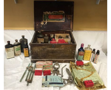 Osmond &amp; Sons of Grimsby, Lincolnshire Stock Keepers medicine chest pine box and contents of medicine bottles, Red Drench