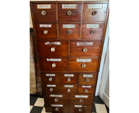 Two 19thC mahogany apothecary chests. 63 w x 65.5 h x 28cm d. Both with 6 small drawers over 4 large drawers with glass handl