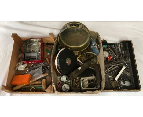 Three boxes of tools and instruments relating to clocks, watches, woodwork etc.Condition ReportAge related wear, rust etc.