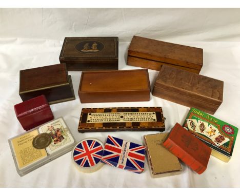 A collection of 19thC and vintage games to include a burr wood box of bone dominoes, a bone cribbage board, wooden draughts i