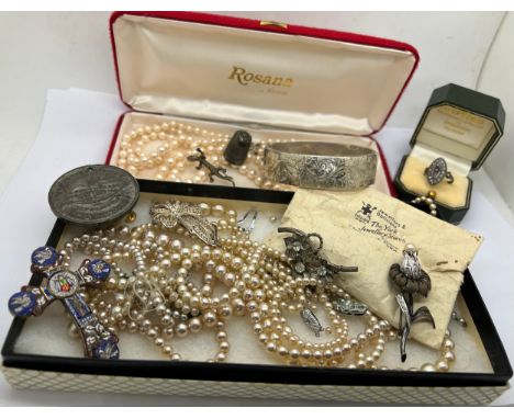 Costume jewellery to include hallmarked silver bangle, brooch, pearls, general nursing council badge etc.