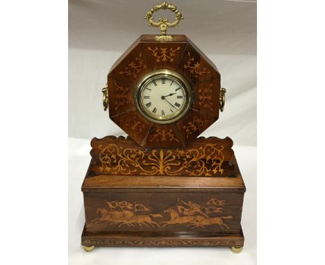 Mahogany inlaid French style mantel clock 53cms h, 36cms w, max 15.5cms d.  JF on movement. Has two keys and is ticking.Condi