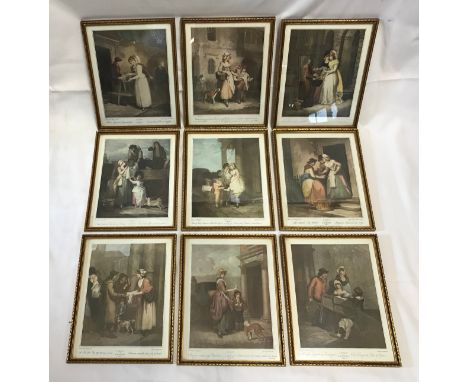Nine prints of engravings "Cries of London" numbered plates e.g. "Do you want any matches?" etc print size 18cm w x 23cm h.Co