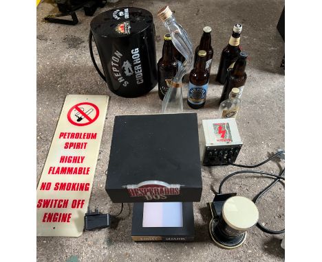 A miscellany of items to include Guinness light up beer, Desperados light up stand, various empty bottles including a full ol