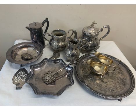 A quantity of silver plated items to include tea service, jugs etc.Condition ReportSome wear to plate.