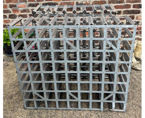 Two vintage wood and metal wine racks. Largest 90 x 23 d x 82cm h,