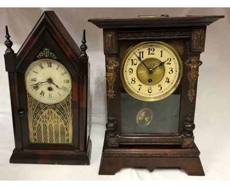 Two mantel clocks one Jerome &amp; Co American clock, Gothic style, roman numerals 39cms h, max base width 21.5cms, max depth