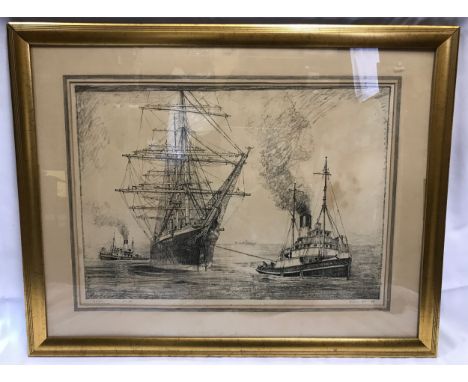 A lithograph print by C Hicks depicting the "Seaman" tug boat pulling "Parma in Hull" June 1933.Condition ReportFrame has bre