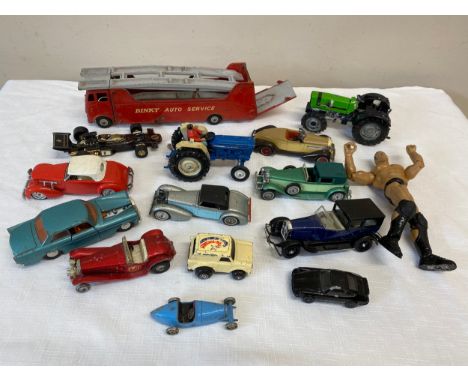 A collection of diecast toys to include Dinky Rolls Royce  Silver Cloud III, Matchbox models, Ford Tractor, Bugatti, Dinky Ca