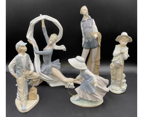 Five various Lladro Nao figurines. Tallest bard 38cm h, ballerina 33cm h.Condition ReportBallerina with ribbon lacking finger