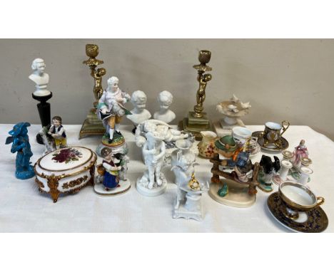 Various ceramics to include; Dresden, Doulton, Sevres, Spode miniature candlesticks, Parian figures, small Royal Worcester ju