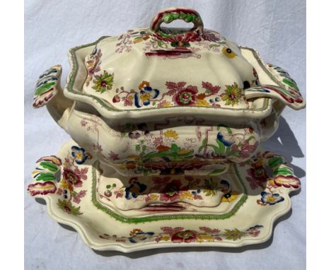 Masons Strathmore pattern, soup tureen, stand and ladle.Condition ReportGood condition, crazing to glaze in places.