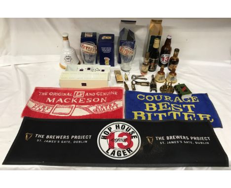 Breweriana collection, Tetley pint glasses, beer mats, Wade whisky decanters, bottles, Royal Celebration Ale, Paddy Irish Whi