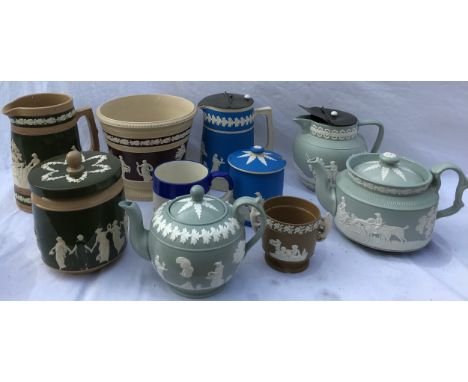 A collection of Copeland and Spode jasperware to include teapots, jugs etc.Condition ReportMug restored, small pot a/f, 1 tea