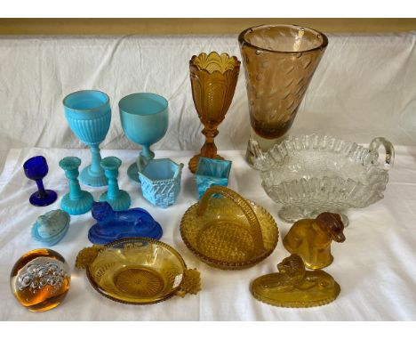 A Collection of Victorian pressed glass to include blue 2 x goblets 15.5cms h, woven basket dish, marbled Sowerby 1880 bucket