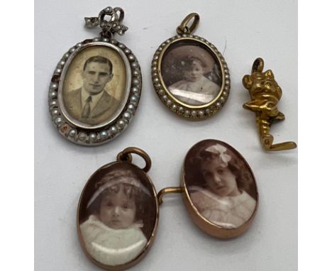 Vintage jewellery to include 9ct white gold pendant 3 x 2 cm, portrait locket, unmarked yellow metal pendant, 2 portraits set