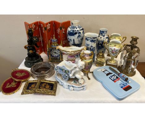 A miscellany to include 3 Chinese vases, pair of Limoges yellow vases, Vienna vase on gilt stand, a cherub and cart, a brass 