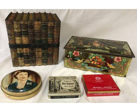 A Huntley and Palmer book form biscuit tin, 16.5 w x 12 d x 16cm h together with a Daintee toffee tin Queen Elizabeth Coronat