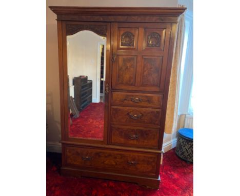 A walnut wardrobe, single mirrored door, 3 drawers and a drawer to base. 196 h x 120 w x 46cm d.