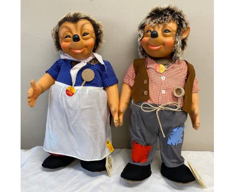 Two Steiff hedgehog family members, Mecki and Micki,   with original Steiff sewn on cardboard labels. approx 53cm h.Condition