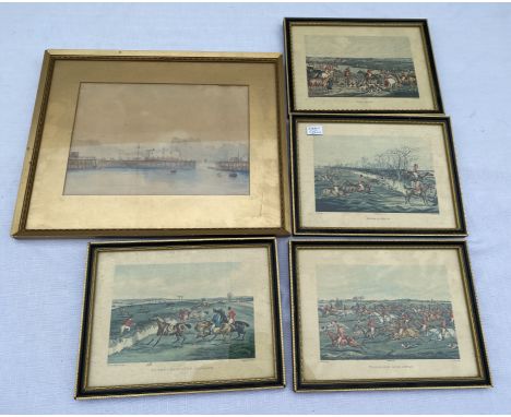 Four hunting prints "To the Craners of England" "The Meet" "Snob is Beat" "Talli-Ho and Away", print size 18.5cms l x 12.5cms