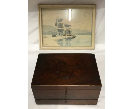 A mahogany box with inlay to edges and segmented drawer to base, with key, 31 l x 21 w x 16cm h together with a print 'Drying