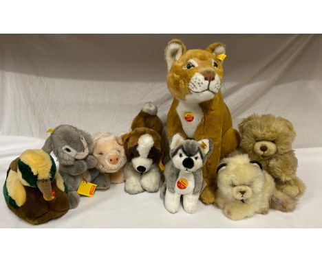 Collection of 6 Steiff soft toys to include Ango Puma 50, Bea Schwein 24, Scotty Husky 22, Tulla Ente 25, rabbit and Bernie t