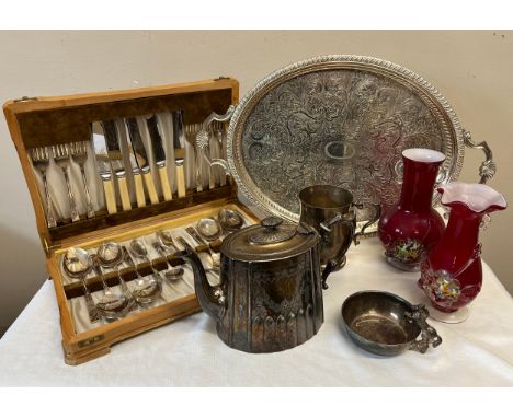 Miscellany to include; plated tray, teapot, boxed cutlery, glass vases etc.Condition ReportCutlery box hinge a/f.