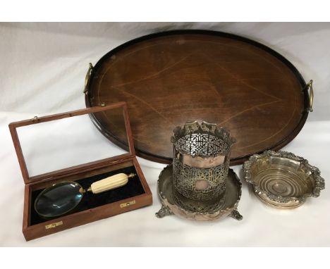 Mahogany Inlaid Tray 59cms l x 40cms w with two brass handles, silver plated wine cooler with fretwork pattern on a base on f