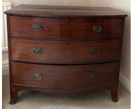 A 19thC mahogany 3 height bow fronted chest of drawers on bracket feet, replacement handles. 103 w x 56 d x 86cm h.