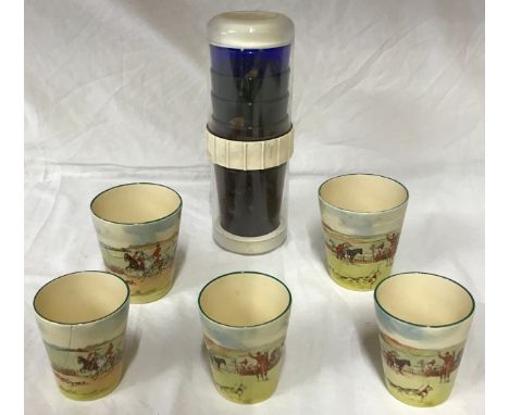 Two large and three small ceramic Royal Doulton beaker 'Fox Hunting' 9.5cms h and 8cms h together with a plastic travel beake
