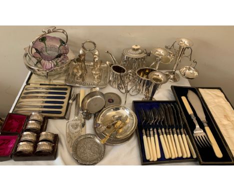 A quantity of silver plated ware to include boxed cutlery, Art Nouveau glass dish on stand, tea service and boxed napkin ring