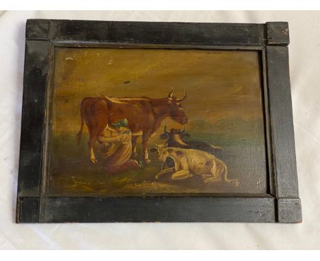 A naive Folk Art oil on board milkmaid with cows in original frame. 18 x 25.5cm.Condition ReportFrame loose with wear. Painti