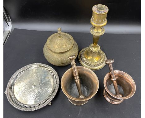 Miscellaneous metal ware to include brass candlestick, plated tray, Benares brass lidded jar and two 18thC mortar and pestles
