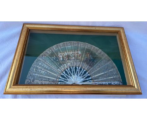 A 19thC Italian hand painted fan in frame with original box, mother of pearl sticks and guards.Condition ReportDamage to silk