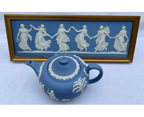 A Wedgwood jasperware framed plaque 18 x 48cm together with a Wedgwood teapot.Condition ReportBoth in good condition.