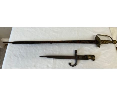 A vintage sword with leather scabbard and a dagger.Condition ReportBoth a/f.