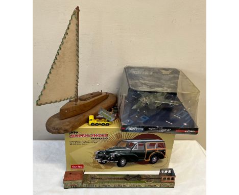 Toys to include German tin plate station, Morris Minor traveller, Modem Fighter Legends, Hawker Siddeley Buccaneer; wooden bo