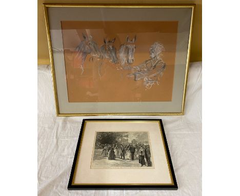 Framed chalk on board of a man with three horses signed Minetto '79, 58cms w x 45.5cms h, together with a print "Newmarket in