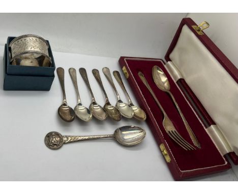 Silver to include napkin ring maker Colen Hewer Cheshire, Birmingham 1876; 6 teaspoons Sheffield 1935; single spoon, Birmingh