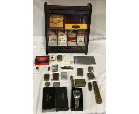 Tobacconist shop counter cigar display cabinet 33h x 29 w x 19cm d, and a collection of cigarette lighters, Zippo Ark Royal, 