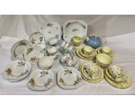 Two part tea services. Shelley 'Wild Flowers' 13668 comprising fruit bowl 24cm d, 6 x fruit dishes, cake plate, 6 x cups and 