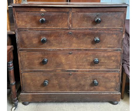 A 19thC mahogany chest of drawers. 2 short over 3 long. 110 w x 53 d x 112cm h.Condition ReportVeneer loss in places.
