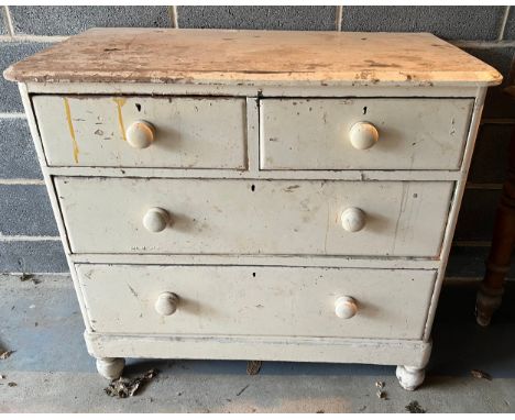 White painted pine chest of drawers, 2 short over 2 long. 96 w x 48 d x 89cm h.Condition ReportMarks to top and lacking one l